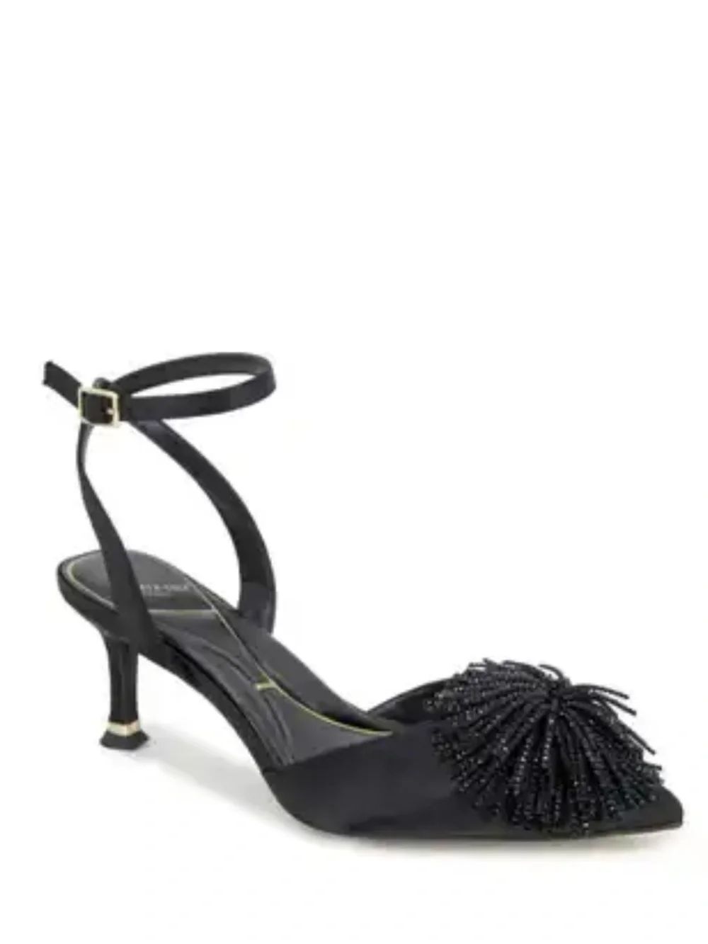 Kenneth Cole New York Umi Pom Pom Pumps, Black Satin. size 7.5, NEW with Box